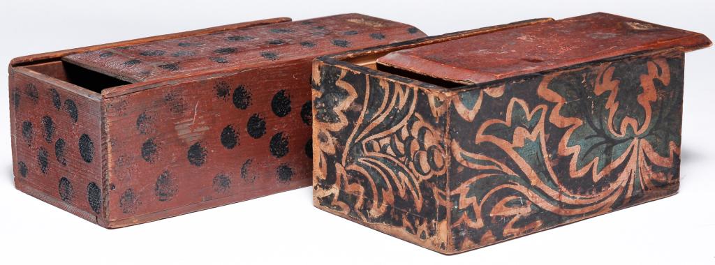 TWO AMERICAN DECORATED SLIDE LID BOXES. (1 of 3)