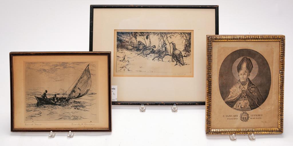 TWO FRAMED ETCHINGS AND A FRAMED BOOK PAGE. (1 of 4)