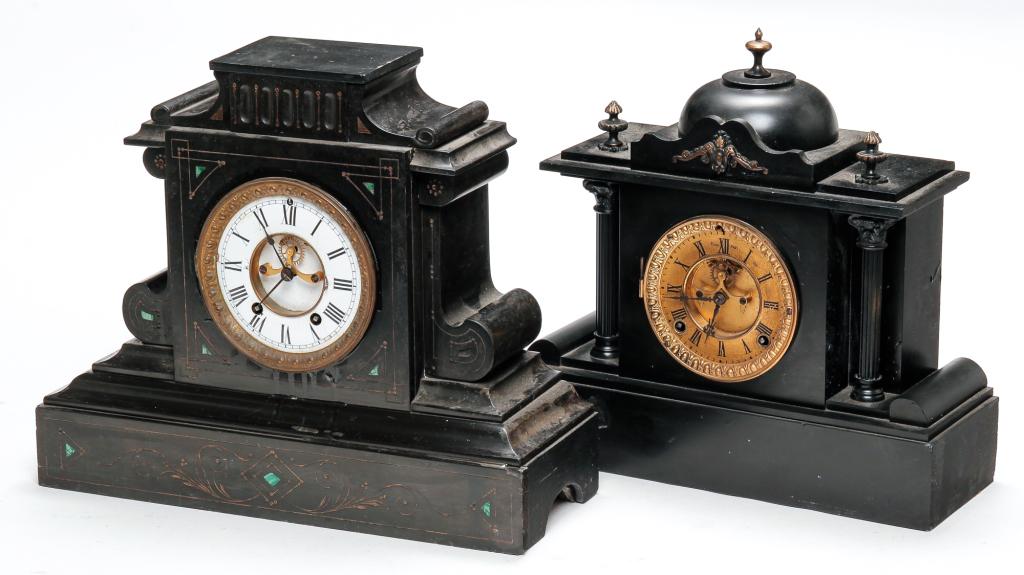 TWO AMERICAN BLACK SLATE MANTEL CLOCKS (1 of 3)