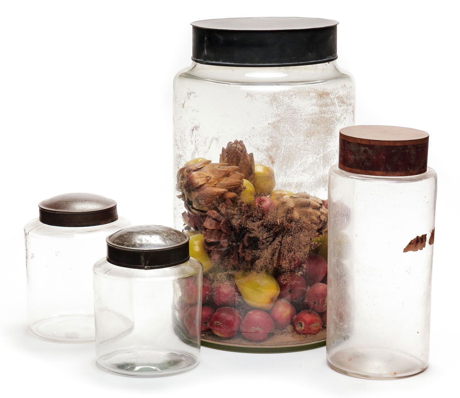 FOUR AMERICAN CANNISTER JARS WITH TIN LIDS. (1 of 3)