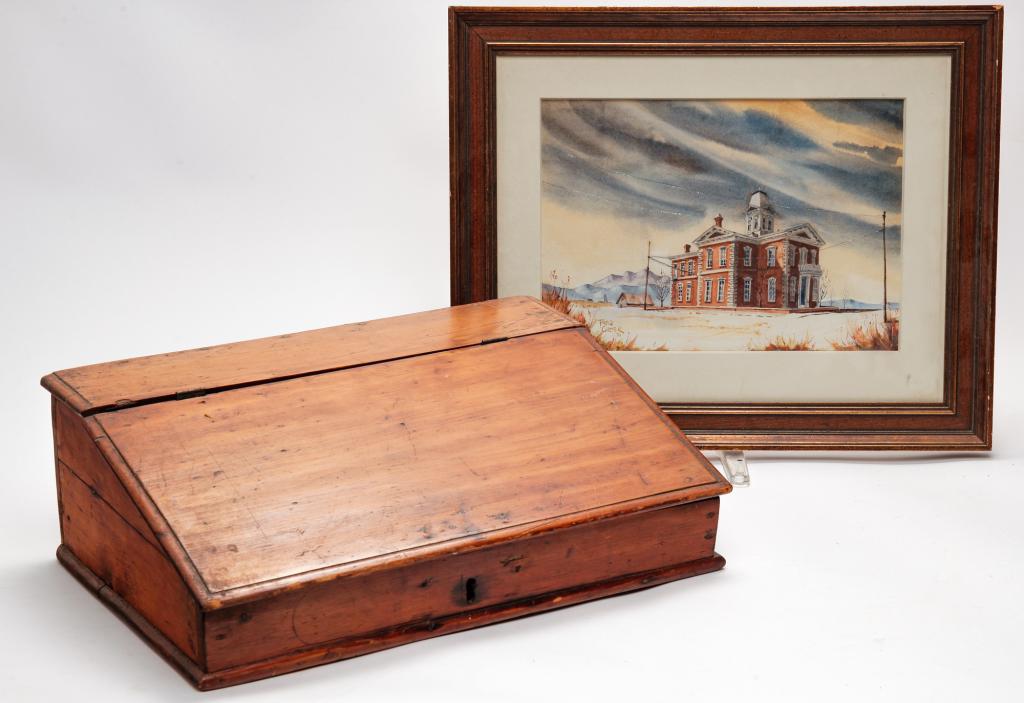 TABLETOP SLANT LID DESK AND FRAMED WATERCOLOR (1 of 4)