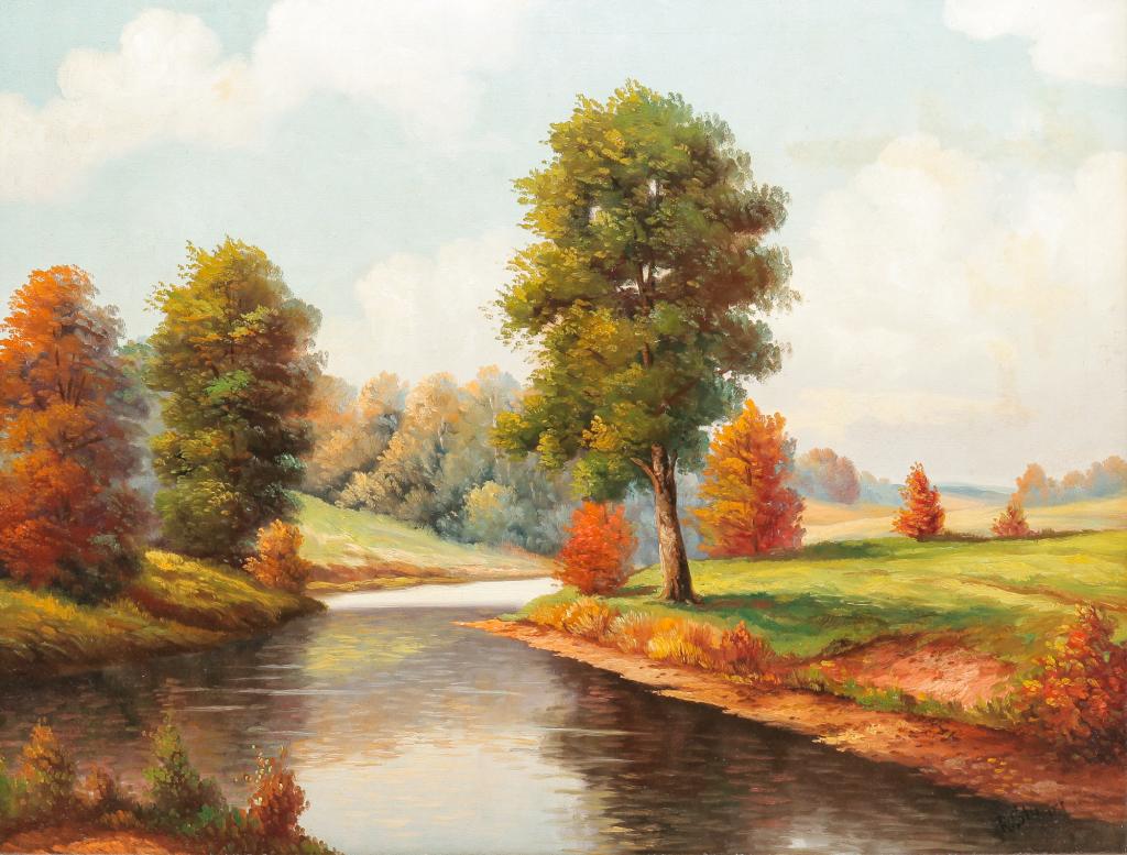 OIL ON CANVAS LANDSCAPE BY R. STUART. (1 of 3)