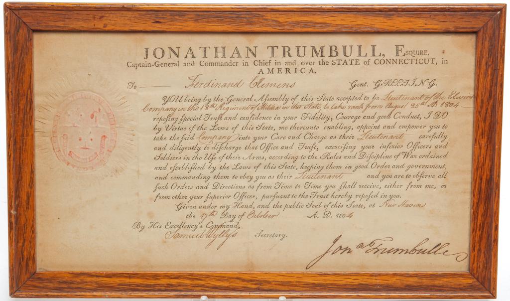 JONATHAN TRUMBULL SIGNED DOCUMENT. (1 of 2)