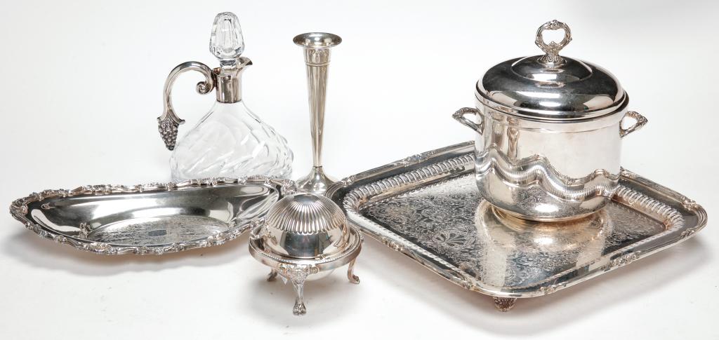 CUT GLASS DECANTER AND FIVE SILVER PLATED PIECES. (1 of 2)