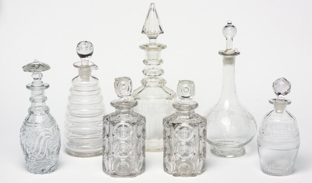 TEN CLEAR GLASS DECANTERS. (1 of 2)