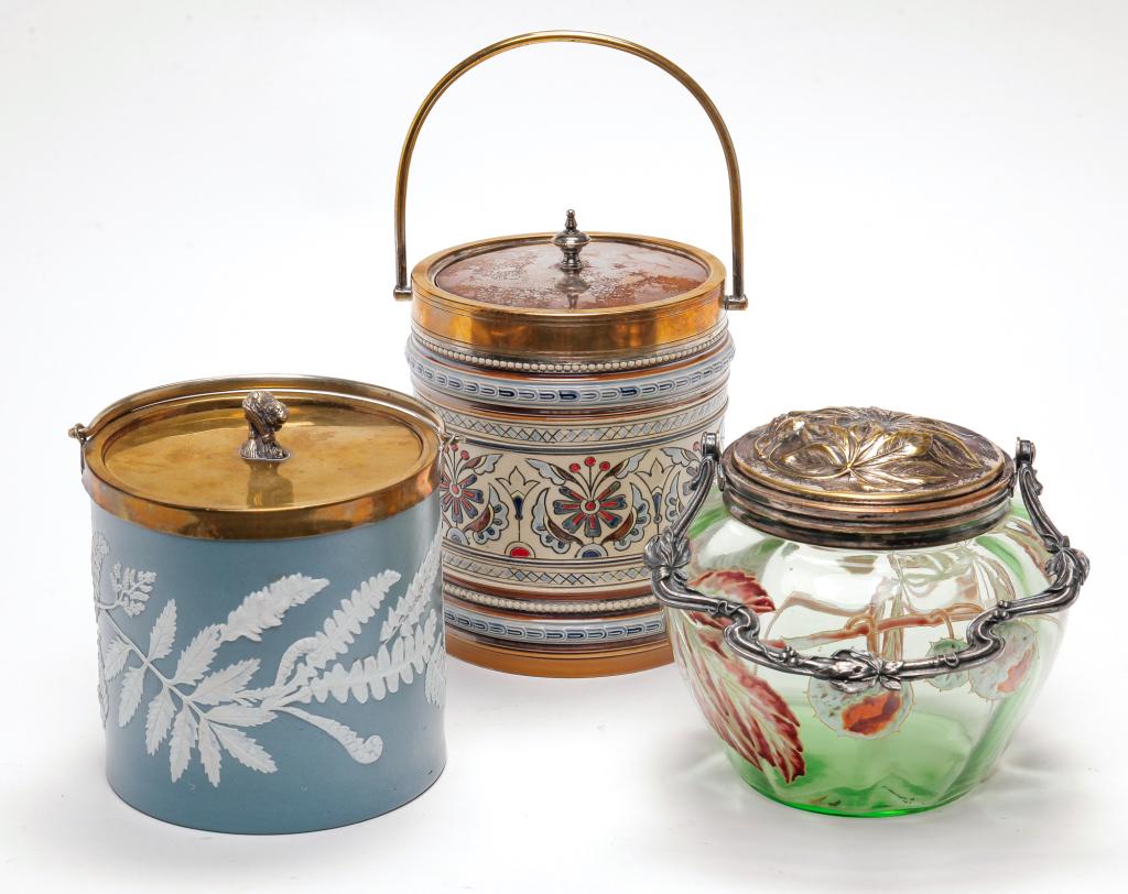 THREE EUROPEAN BISCUIT JARS. (1 of 4)