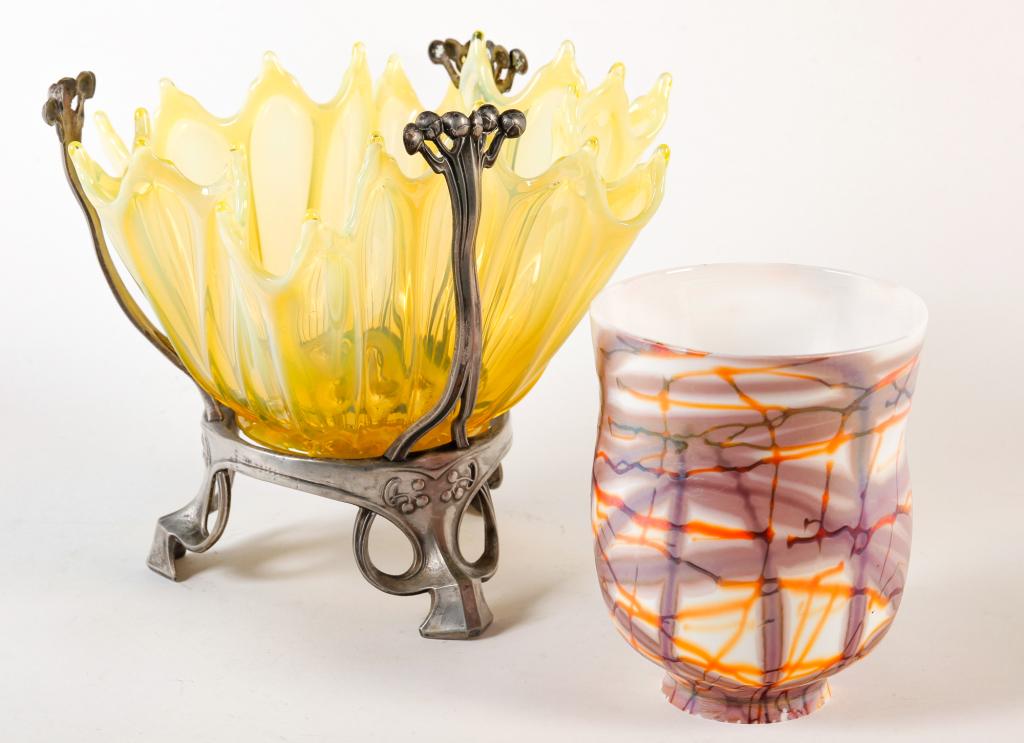 TWO PIECES OF AMERICAN ART GLASS.: 20th century. A 1978 "Glasshouse" shade, millo glass with orange and purple threading also signed "Smith" and "F 50016" 5.75"h. 2.5" fitter. and a Vaseline opalescent ribbed bowl in worn silver plated