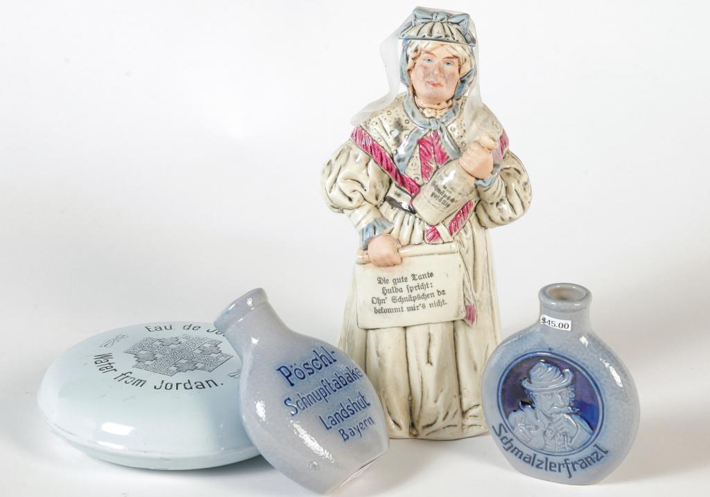 FOUR PORCELAIN AND STONEWARE FLASKS (1 of 2)