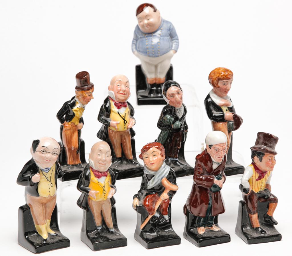ELEVEN ROYAL DOULTON "DICKEN" FIGURINES.: Second half 20th century Included are" Fat Boy"," Micawber", "Tiny Tim"," Scrooge", "Pickwick" and others. Approx. 4.25"h.