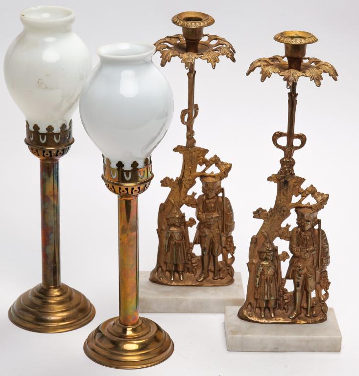 FOUR BRASS CANDLESTICKS AND GIRANDOLES. (1 of 2)