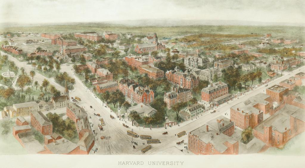 LARGE FRAMED LITHOGRAPH OF HARVARD. (1 of 2)