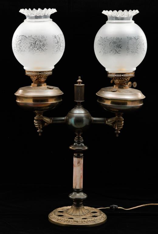 DOUBLE BRASS BANQUET LAMP. (1 of 2)