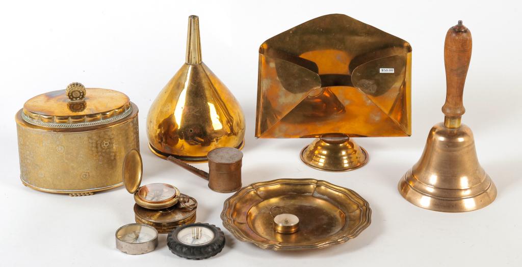 GROUP OF EUROPEAN AND AMERICAN METALWARE.: 19th and 20th centuries. Included are wine funnel, oral jar, compasses, bell, tray etc. 7.5"h tallest.