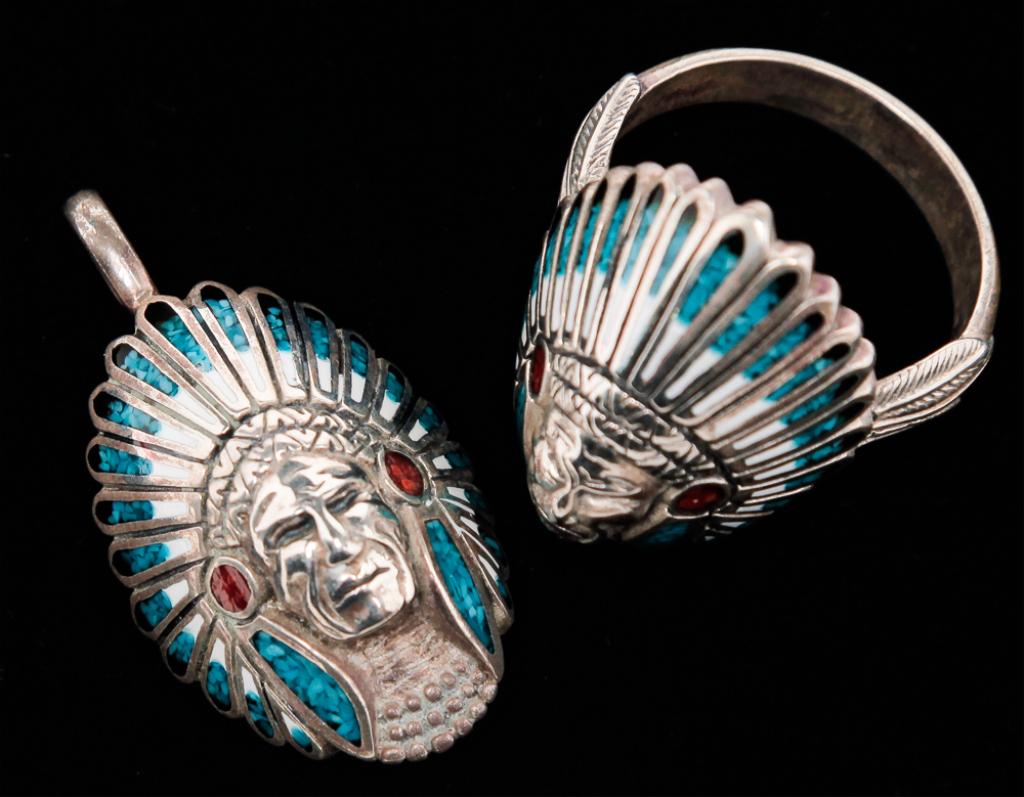 NATIVE AMERICAN INDIAN CHIEF RING AND PENDANT. (1 of 2)