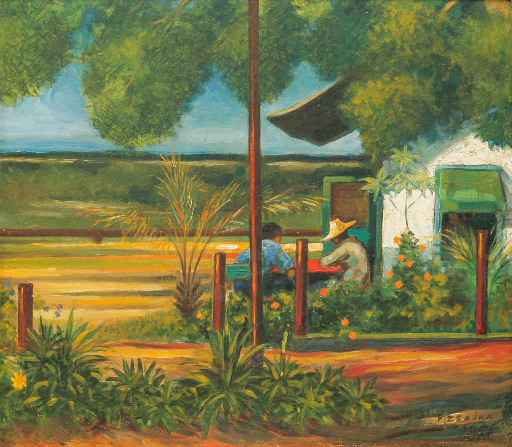 MEXICAN OIL ON ARTIST BOARD CAFE SCENE. (1 of 2)