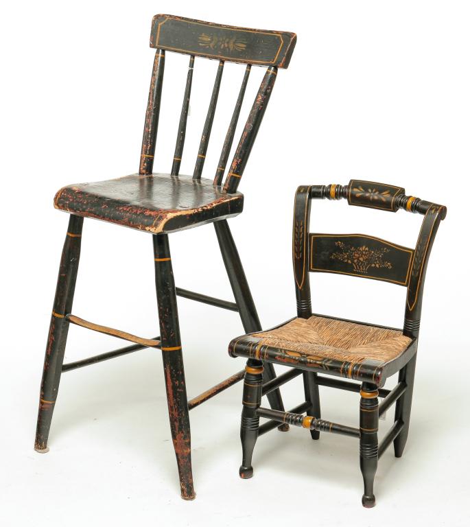 TWO AMERICAN PAINT DECORATED CHILDREN CHAIRS. (1 of 3)