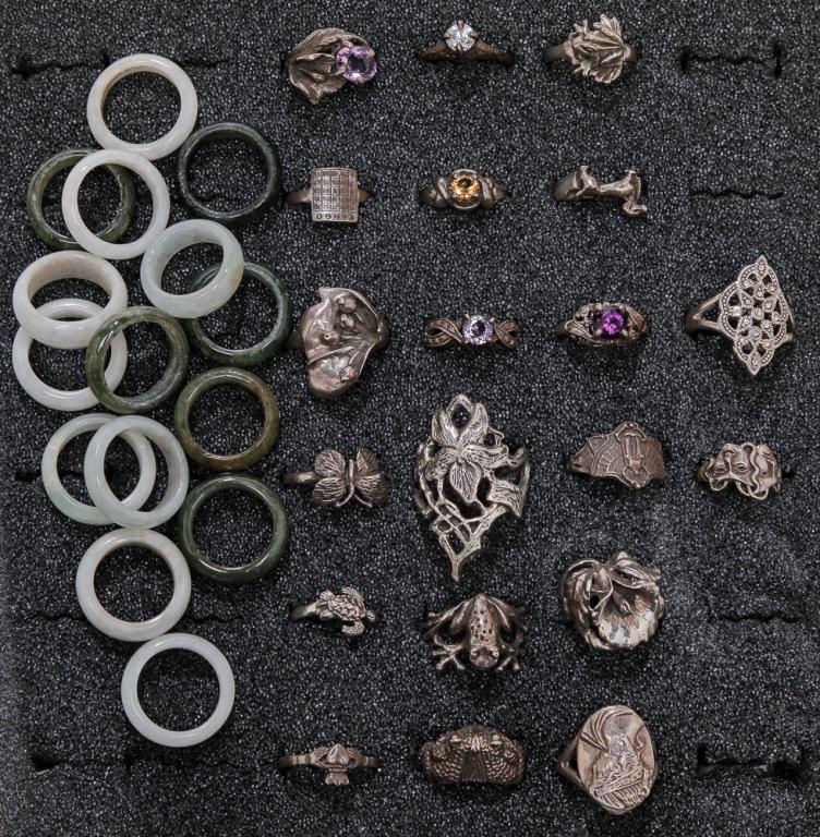 CARVED JADEITE BANDS & VINTAGE STYLE SILVER RINGS. (1 of 4)