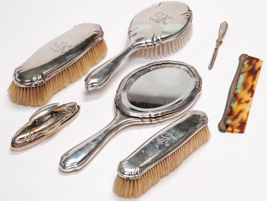 EUROPEAN SEVEN PIECE SILVER DRESSER SET. (1 of 1)