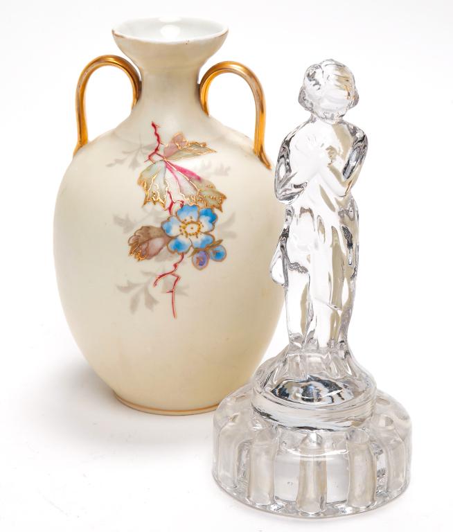 AUSTRIAN PORCELAIN VASE AND GLASS FLOWER FROG. (1 of 1)