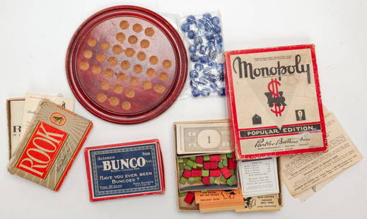 FOUR GAMES INCLUDING VINTAGE CARD GAMES: Four games including Rook, Bunco, and Monopoly Popular Edition, in original boxes. Together with a round wooden board game including marbles.