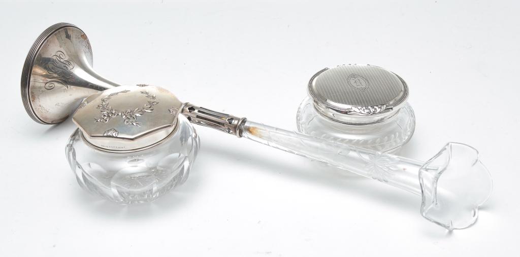 GLASS TRUMPET VASE AND TWO DRESSER JARS. (1 of 6)