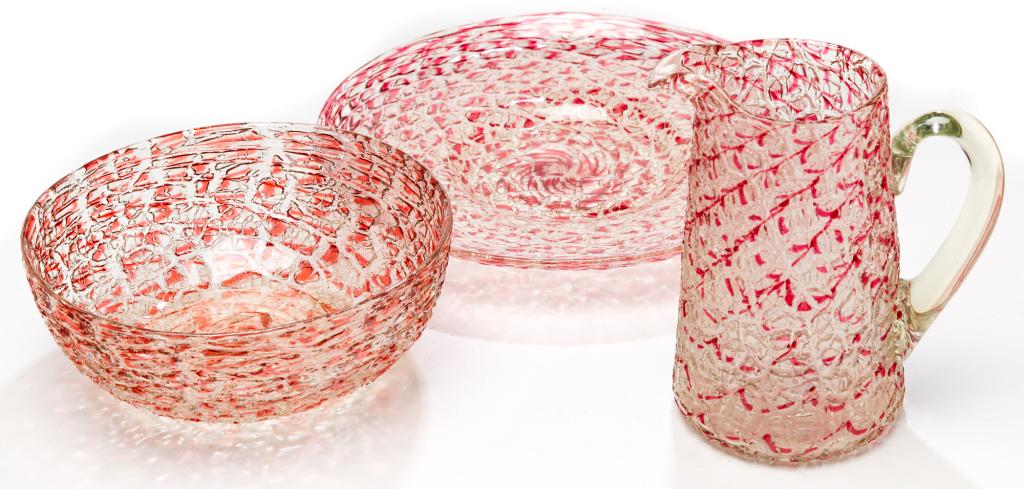 THREE PIECES OF AMERICAN OVERSHOT CRACKLE GLASS. (1 of 1)