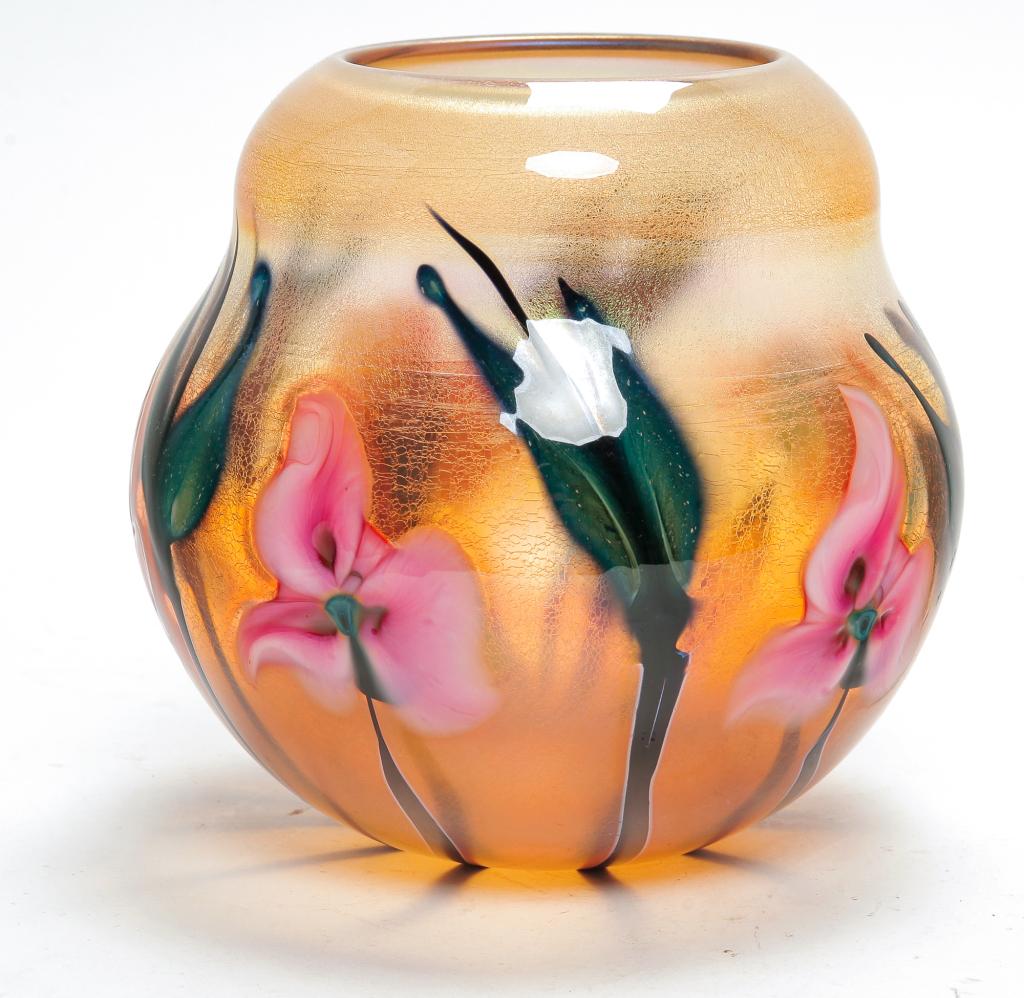 CHARLES LOTTON ART GLASS VASE.: Signed and dated "Multi Flora, 2005". Gold iridescent stretch glass with pink flowers, 6.5"h.
