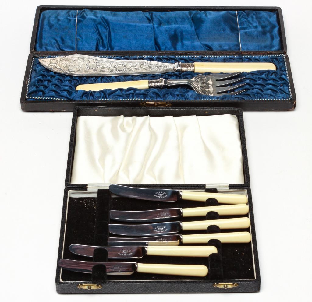 TWO ENGLISH CASED SILVER PLATED SETS. (1 of 1)