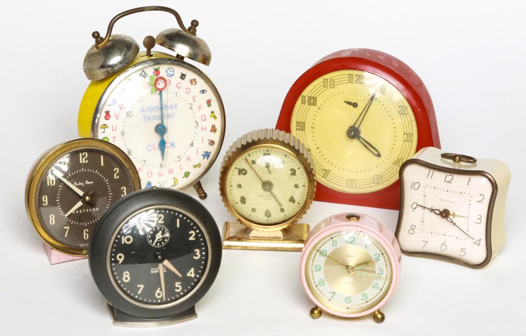 GROUP OF WIND-UP ALARM CLOCKS.: 20th Century. Included are Westolox, "Baby Ben","Reveille" and others.