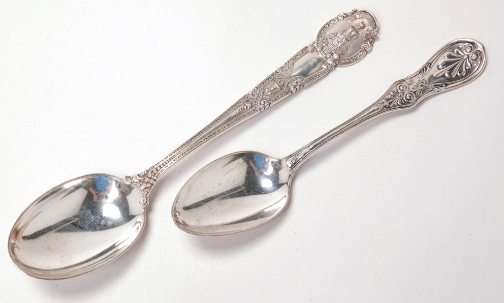 TWO TIFFANY AND CO. STERLING SPOONS.: "Saratoga" Table spoon patented 1870 and "Renaissance'' vegetable spoon patented 1905. Approx 4.5 ozt.