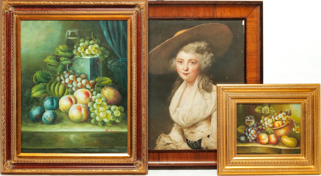 THREE FRAMED PIECES.: Two late 20th century still-life oils signed McGyver. Both are composed of fruits and a glass of wine. Smaller on masonite, 8"h. 10"w. Framed, 13.25"h. 15.25"w. And larger on canvas 20"h. 16"w. Framed