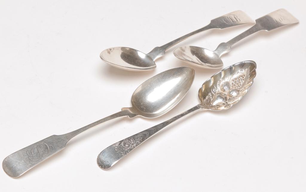 FOUR SILVER SERVING SPOONS. (1 of 3)