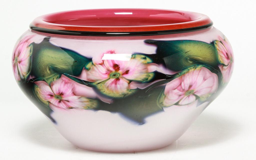 CHARLES LOTTON CASED ART GLASS BOWL.: Signed and dated "Multi Flora, 2001". Flowers in white over pink folded rim. 7"h. 12"d.