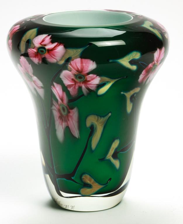 JOHN LOTTON CASED ART GLASS VASE.: Signed "John Lotton, MM", no date. Triple cased clear over green over white with pink flowers. 8"h.