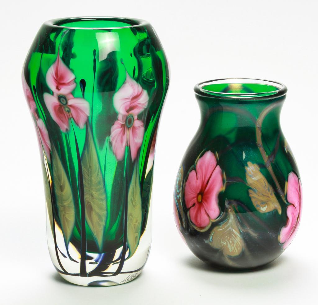 TWO LOTTON FLORAL ART GLASS VASES. (1 of 2)