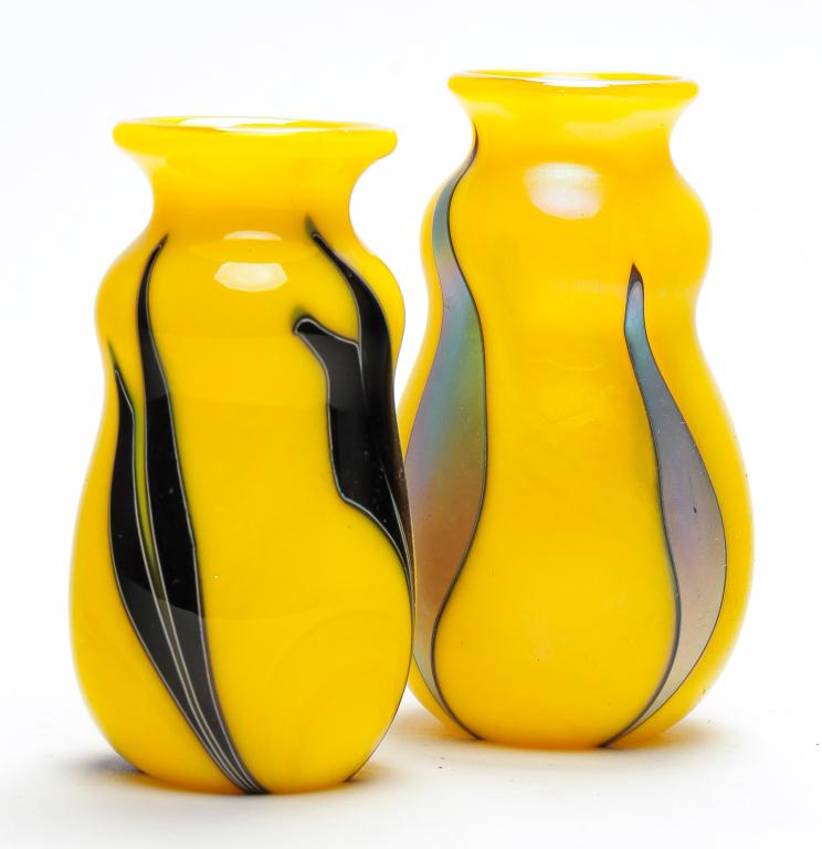 TWO MINIATURE CHARLES LOTTON GLASS YELLOW VASES. (1 of 3)