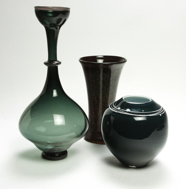 THREE STUDIO ART GLASS VASES. (1 of 2)