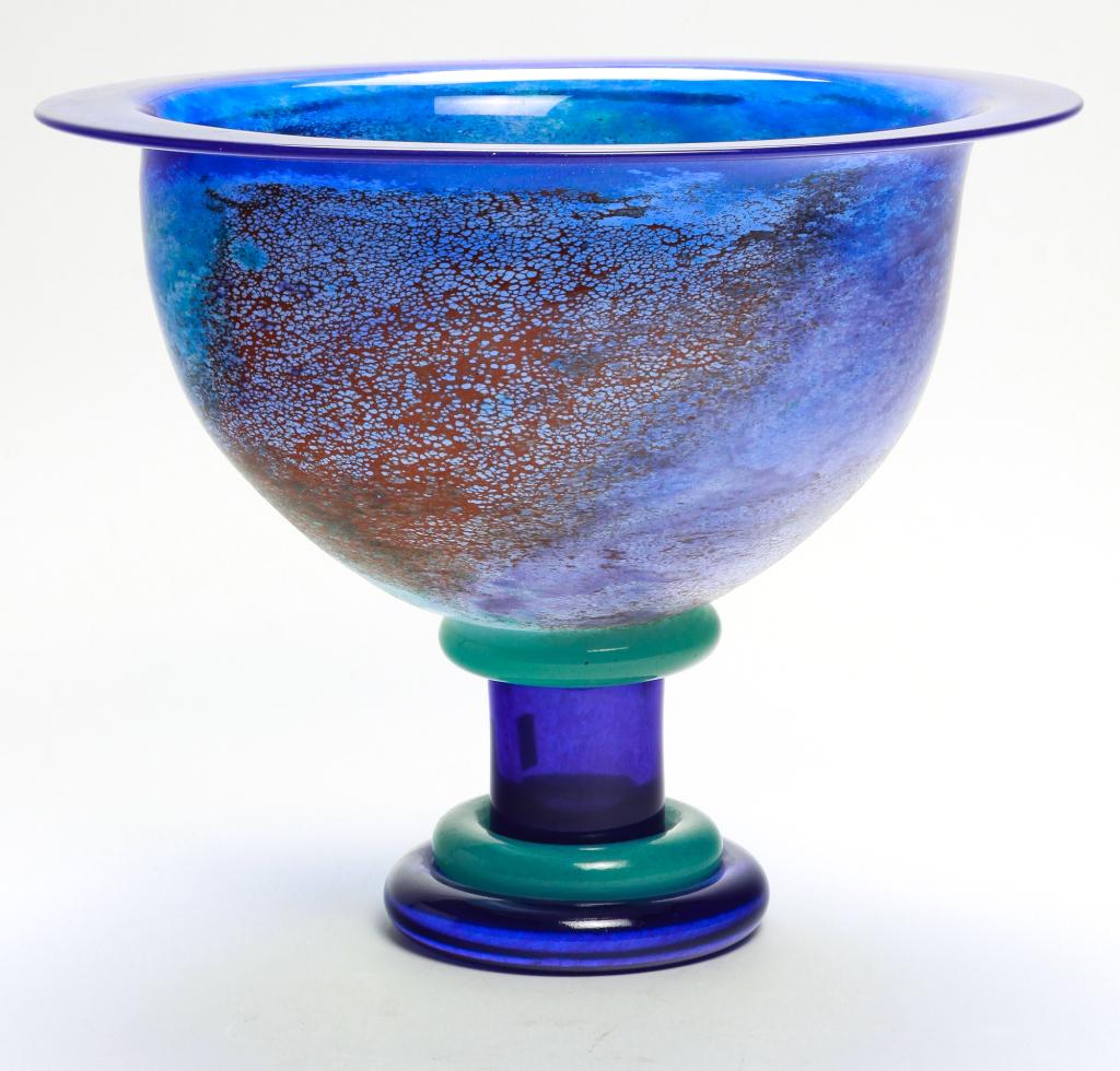KOSTA BODA GLASS CAN CAN BOWL.: Late 20th century. Designed by Kjell Engman. Signed "Kosta Boda K. Engman 59706". Mottled opaque blue and green bowl with blue rim and base. 10.25"h. 12.25"d.