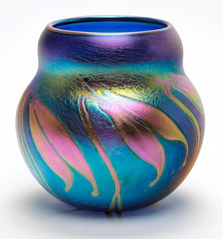 CHARLES LOTTON ART GLASS VASE.: Signed and dated "2005". Blue iridescent stretch glass with foliage. 5.25"h.