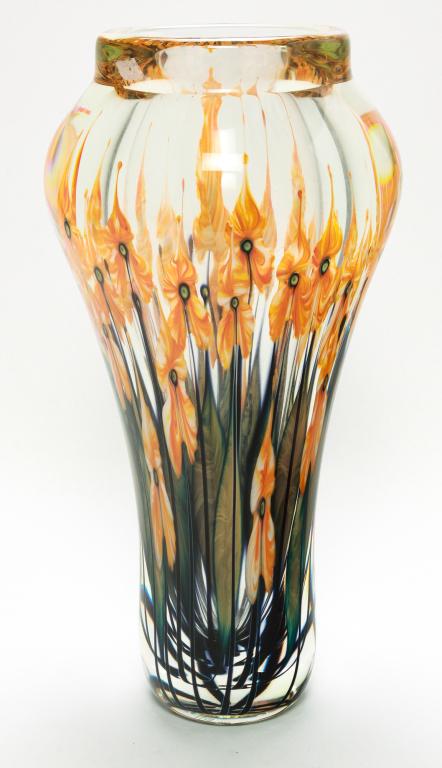 JOHN LOTTON TALL ART GLASS VASE. (1 of 2)