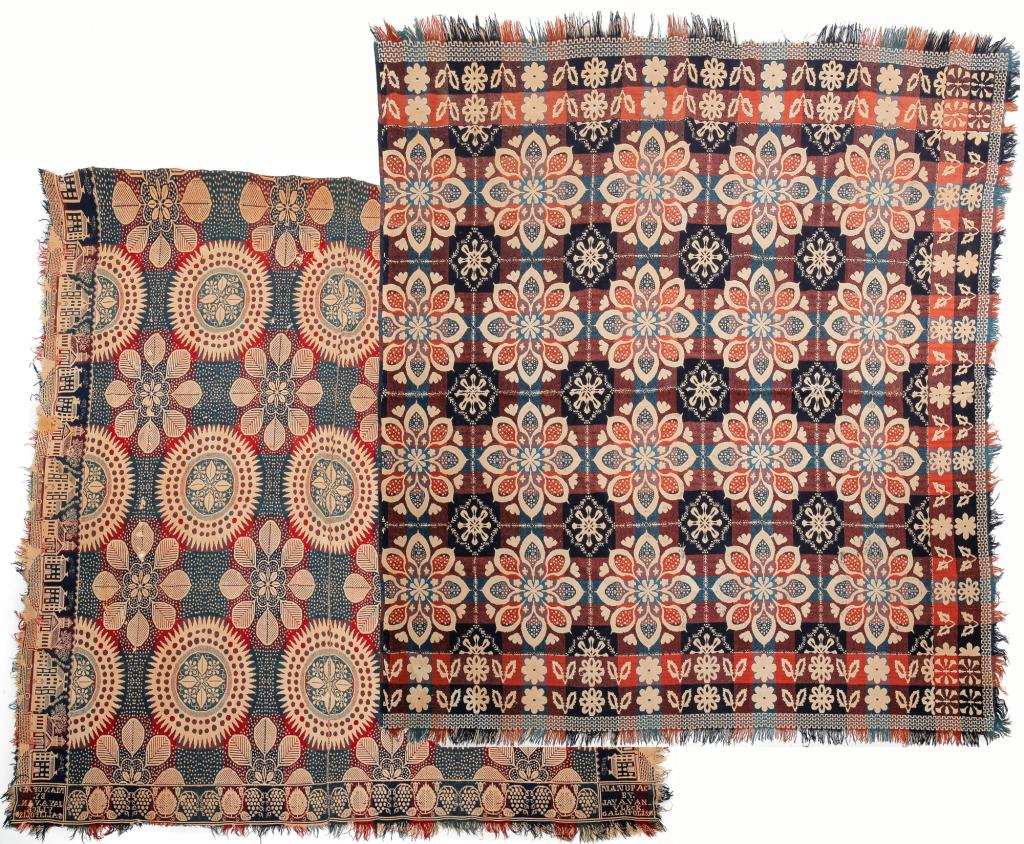 TWO AMERICAN JACQUARD COVERLETS. (1 of 6)