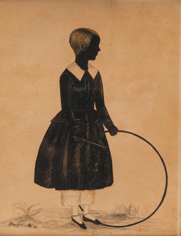 SILHOUETTE OF A CHILD WITH HOOP.: American or English, 1st half 19th century. Full length cut out of a young boy with inked hoop and ink wash legs and feet. Gold inked details. Bird's eye maple veneer frame, 11"h. 9.25"w.