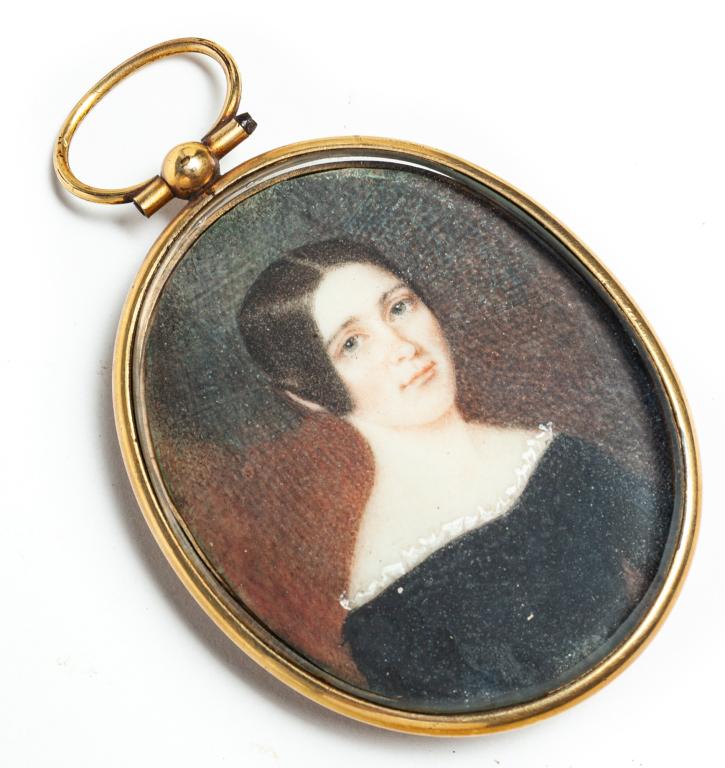 MINIATURE PORTRAIT OF A WOMAN.: Probably American, ca. 1839. Young woman dressed i black. Identified on backing paper as "Caroline, first wife of J. __. Died Aug. 1839 after a marriage of two months, aged 19 years". Brass frame with