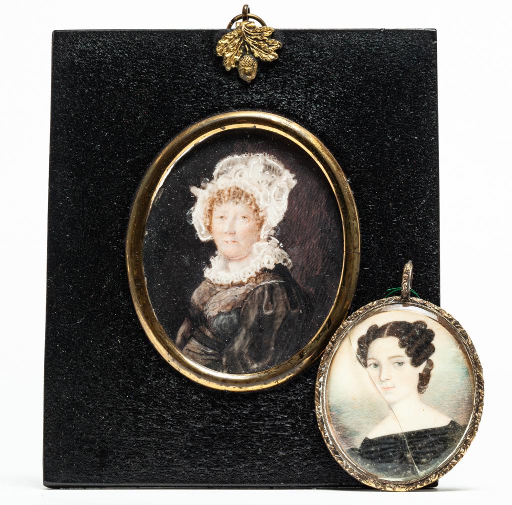 TWO MINIATURE PORTRAITS OF WOMEN.: American or English, 1st half 19th century. Young woman dressed in black. Brass locket frame with hair sample in back. Cracked glass. 2.5"h. And an older woman with an elaborate bonnet. Some loss and 