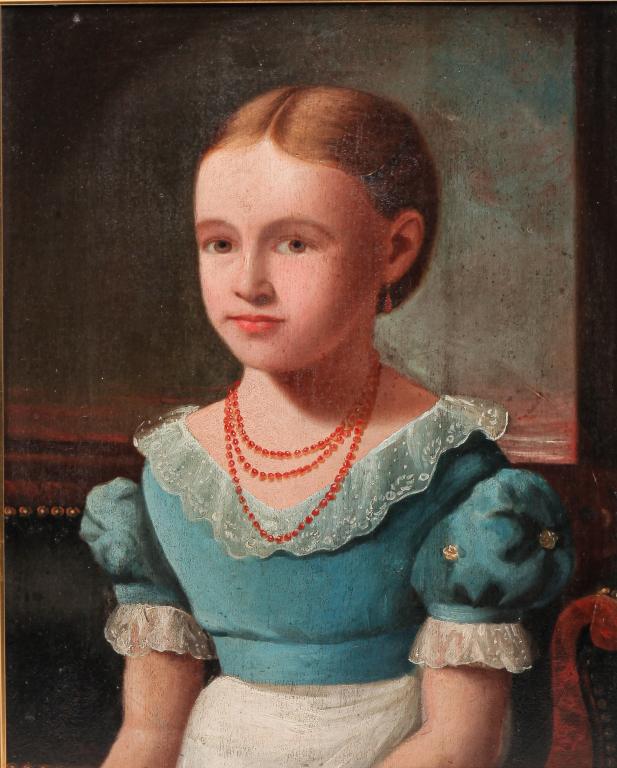 PORTRAIT OF A YOUNG GIRL.: American, early 19th century. Oil on a single panel board, unsigned. Blonde haired girl dressed in blue and white and wearing a coral bead necklace and drop earrings. She's seated on an Empire sofa wi