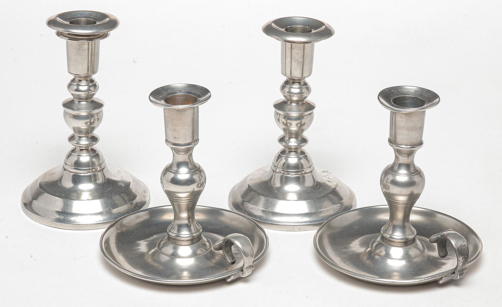 TWO PAIR OF AMERICAN PEWTER CANDLESTICKS. (1 of 6)