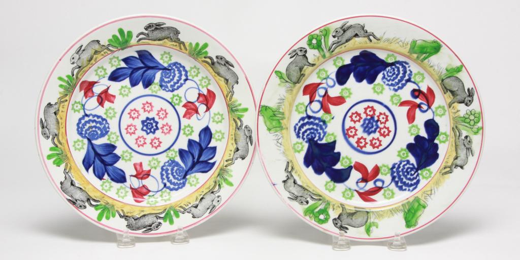 TWO ENGLISH STICK SPATTER RABBIT PLATES. (1 of 3)