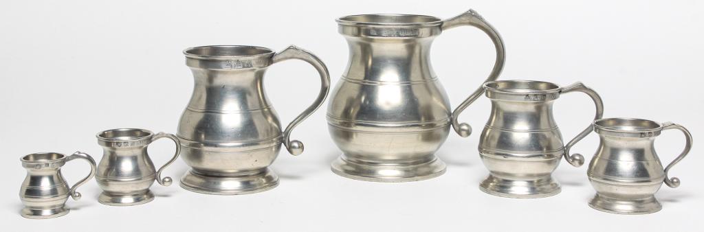 SET OF SIX ENGLISH PEWTER BELLIED MEASURES. (1 of 10)