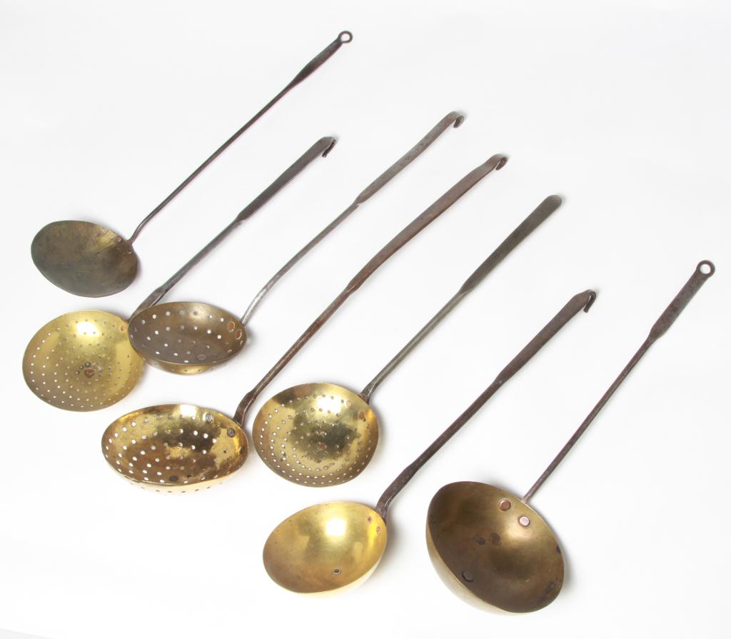 SEVEN AMERICAN BRASS UTENSILS. (1 of 3)