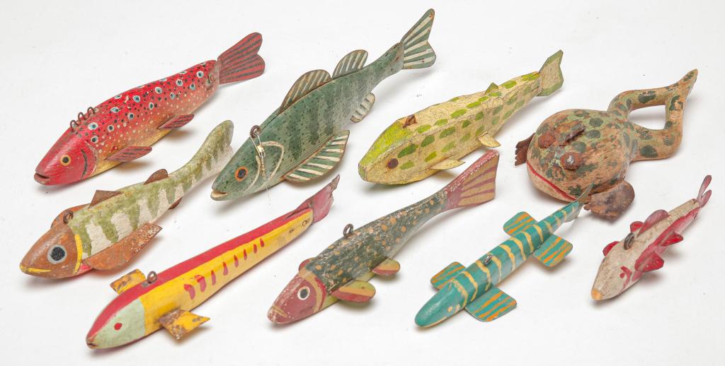 NINE AMERICAN ICE FISHING DECOYS. (1 of 5)